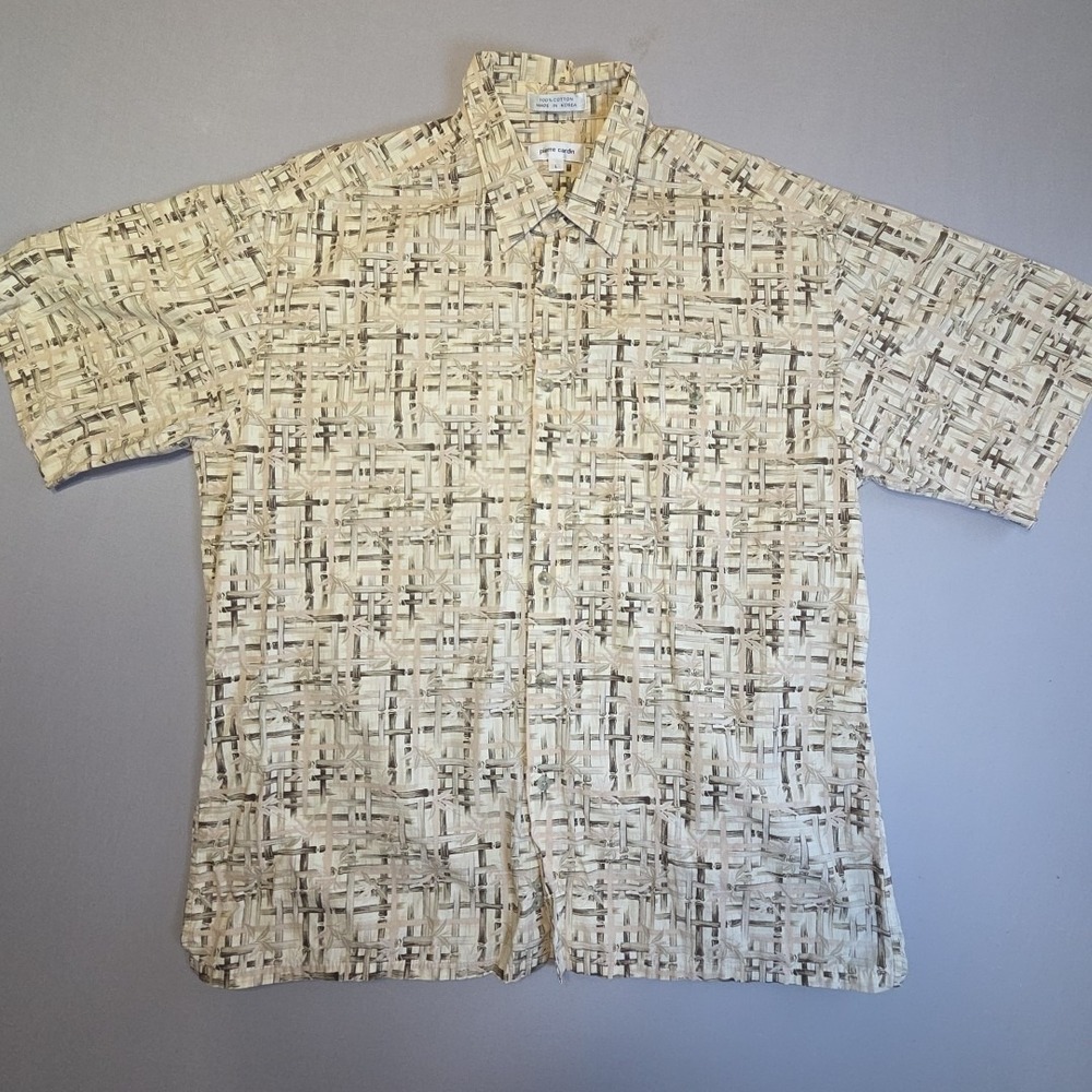 Pierre Cardin Vintage 90s Style Bamboo Print Shirt Men's Large Cotton Tan Beige
